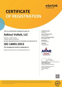 Sekisui Voltek's ISO 14001:2015 Certification